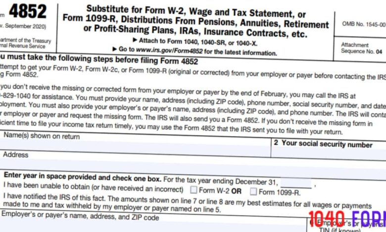 Form 4852 Substitute for Form W-2 and 1099-R